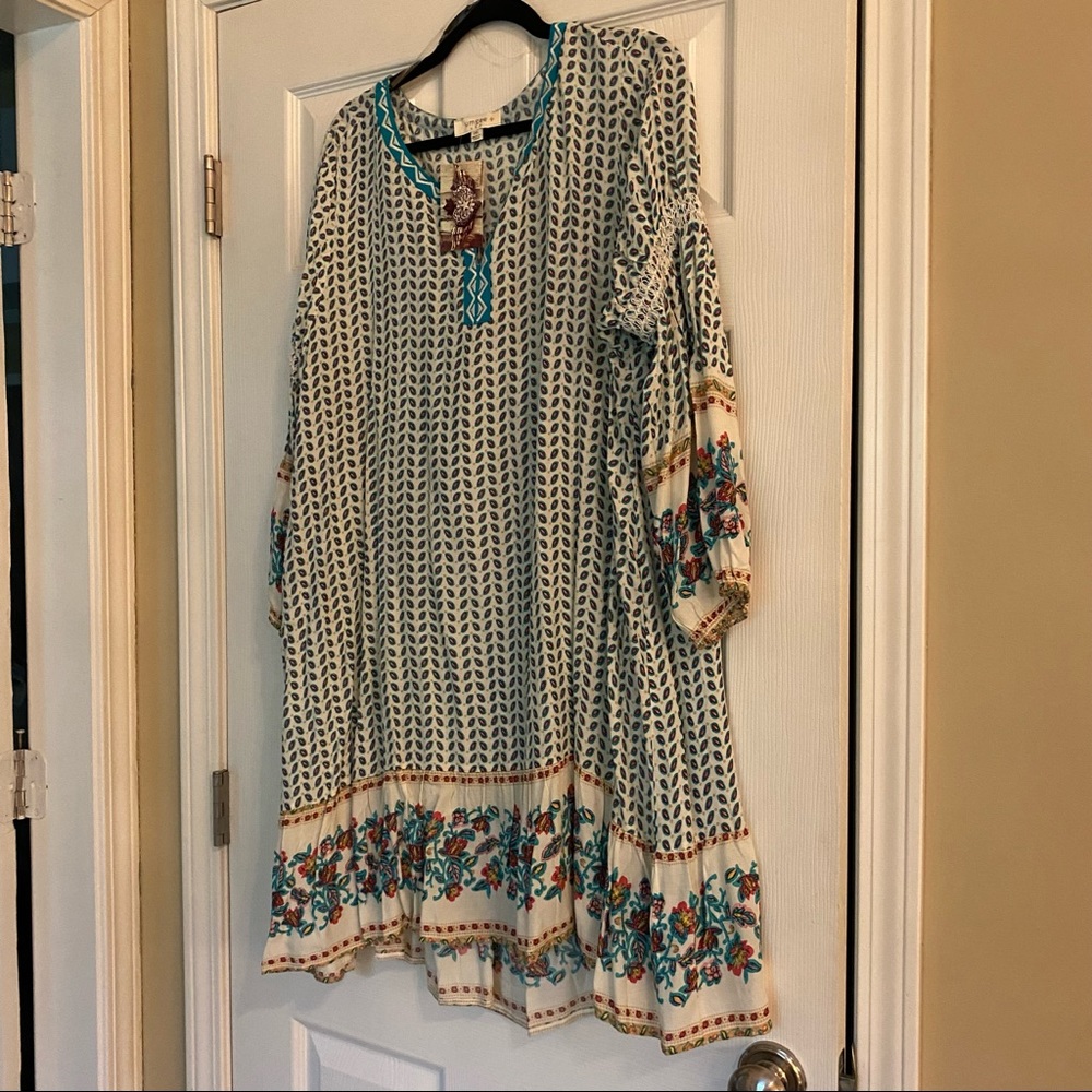 Umgee Cream Tunic Dress with Teal and Multicolor Floral Trim